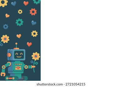Fondo lindo del día de San Valentín del robot con el espacio lateral de la copia del borde. Plantilla amigable para niños con androide que da flor de engranaje. Diseño plano de Vector para la tarjeta de felicitación de los niños sobre fondo azul.