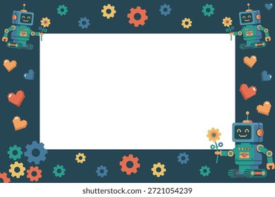 Marco lindo del día de San Valentín del robot con el espacio de copia. Fondo amigable para niños con androides y corazones de píxeles. Borde plano del diseño del Vector para la tarjeta de felicitación de los niños o la invitación de la fiesta de cumpleaños.
