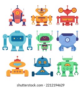 Cute robot vector cartoon characters set isolated on white background.