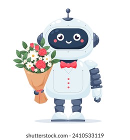 Cute robot. Vector illustration of a robot with a bouquet of flowers in flat style on a white background. Cartoon robot character.