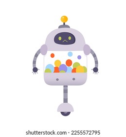 Cute robot vector illustration. Cartoon smart chatbot character on wheel from AI customer support service, grey bot with funny face for online chat conversation and help of artificial intelligence.