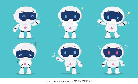 Cute robot vector on blue background. Set of cartoon cyber characters in different postures, emotional, sad, angry, happy. Artificial intelligence character design for education, kids, decorative.