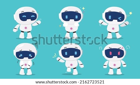 Cute robot vector on blue background. Set of cartoon cyber characters in different postures, emotional, sad, angry, happy. Artificial intelligence character design for education, kids, decorative.