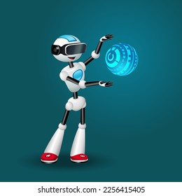 Cute Robot with VR headset glasses and abstract spherical head-up display HUD. Artificial intelligence and futuristic technology concept. Vector illustration. For print, web, mobile app, infographics 