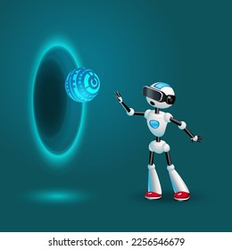Cute Robot in VR headset near portal looking at spherical HUD. Artificial intelligence and futuristic technology concept. Vector illustration, blue background. For print, web, mobile app, infographics
