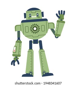 Cute robot waving his hand. Flat cartoon vector illustration on isolated white background