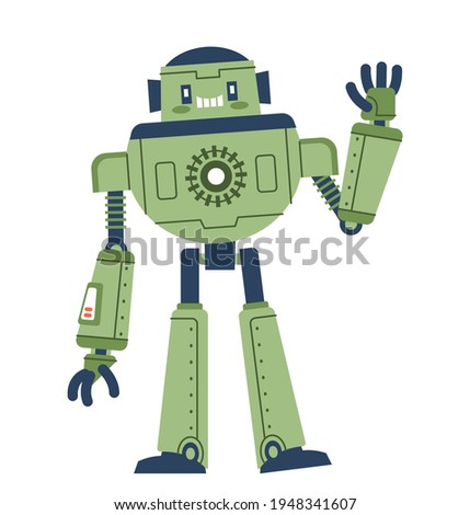 Cute robot waving his hand. Flat cartoon vector illustration on isolated white background