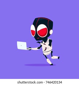 Cute Robot Wear Hacker Mask Use Laptop Isolated Icon On Blue Background Modern Technology Artificial Intelligence Concept Flat Vector Illustration