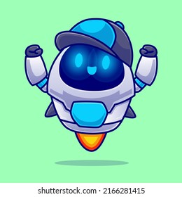 Cute Robot Wearing Hat Flying Cartoon Vector Icon Illustration. Science Technology Icon Concept Isolated Premium Vector. Flat Cartoon Style