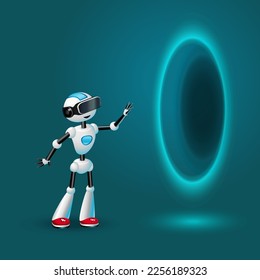 Robot lindo con gafas de malabarismo para audífonos VR parado cerca del portal de telepuerto. Tecnología futura, IA, concepto de teletransportación. Ilustración vectorial, fondo azul. Para imprimir, web, aplicación móvil, infografías