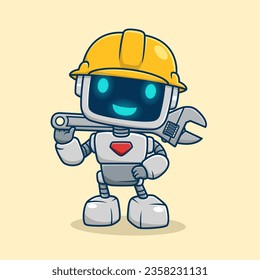 Cute robot wearing worker helmet shouldering big wrench, vector cartoon illustration