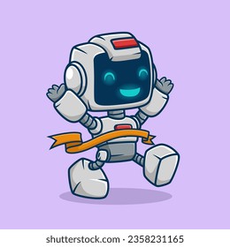 Cute robot winning running race, vector cartoon illustration