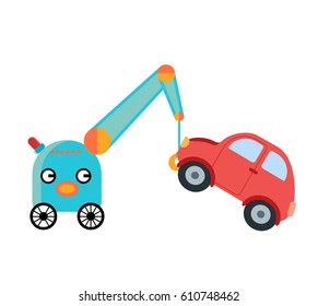 Cute robot working as a tow truck. Robot picking up car