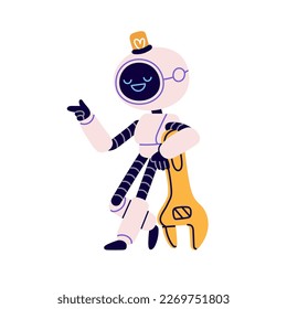 Cute robot with wrench in retro futuristic style. serviceman with spanner, fixing tool. Robotic mechanic character from repair service. Flat vector illustration isolated on white background