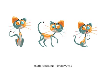 Cute Robotic Cat with Metal Tail and Whiskers Sitting and Walking Vector Set
