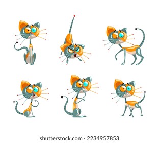 Cute Robotic Cat with Metal Tail and Whiskers Sitting and Walking Vector Set