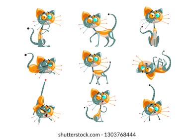 Cute robotic cat set, funny robot animal in different actions vector Illustrations on a white background