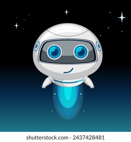 Cute robotic character hovering among stars