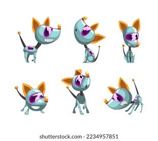 Cute Robotic Dog with Metal Tail Sitting and Walking Vector Set