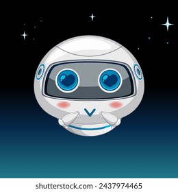 Cute robotic face with heart-shaped eyes in cosmos