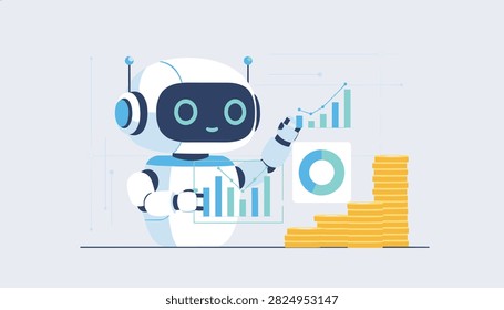 Cute robotic financial advisor analyzes stock market statistics and stacks of gold coins using smart algorithms.