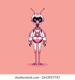 Flamingo Robótico Bonito, Avião Rosa Futurista com Design Elegante e Recursos Tecnológicos - Ideal para Sci-Fi Infantil, Conteúdo Educacional e Temas de Inovação Tecnológica. Ilustração de vetor