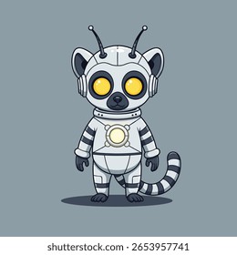 Lêmure Robótico Bonito, Primata Futurista com Olhos Brilhantes e Antenas - Perfeito para o Sci-Fi Infantil, Conteúdo Educacional e Temas de Inovação Tecnológica. Ilustração de vetor