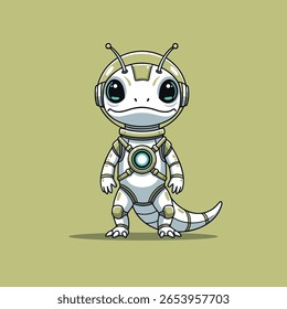 Lagarto Robótico Bonito, Companheiro Reptiliano Futurista com Olhos Expressivos e Design Tecnológico - Ideal para Arte Sci-Fi, Mídia Infantil e Temas de Inovação. Ilustração de vetor