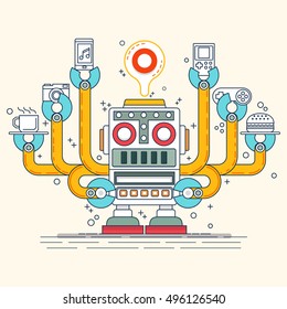 Cute robotic many arm catch device electronics, ilustrator Vector