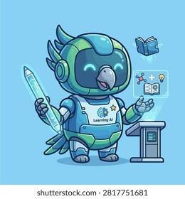 A cute robotic parrot character dressed in futuristic armor holding a glowing stylus. This vector illustration represents artificial intelligence in education with floating holographic books and science icons.
