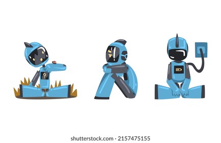 Cute robots in action set. Artificial intelligence, scientific innovation technologies cartoon vector illustration