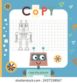 Cute Robots activities for kids. Copy the picture – Little Robot. Logic games for children. Coloring page. Vector illustration. Book square format.