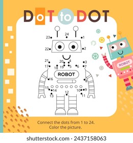 Cute Robots activities for kids. Dot to dot game – Little Robot. Numbers games for kids. Coloring page. Vector illustration.