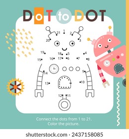 Cute Robots activities for kids. Dot to dot game – Funny Robot. Numbers games for kids. Coloring page. Vector illustration.