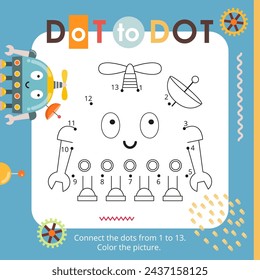 Cute Robots activities for kids. Dot to dot game – Funny Robot. Numbers games for kids. Coloring page. Vector illustration.