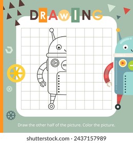 Actividades de Cute Robots para niños. Terminar la imagen - Robot. Juegos de lógica para niños. Dibujo para colorear. Ilustración vectorial.