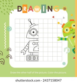 Cute Robots activities for kids. Finish the picture – Robot. Logic games for children. Square Coloring page. Vector illustration.