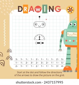 Cute Robots activities for kids. Graphic dictation – Robot. Math game for children. Square Coloring page. Vector illustration.