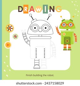 Cute Robots activities for kids. Tracing the picture – Robot. Logic games for children. Square Coloring page. Vector illustration.