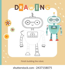 Cute Robots activities for kids. Tracing the picture – Robot. Logic games for children. Square Coloring page. Vector illustration.