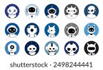Cute robots avatars set. Chat bot heads with different expressions on face, happy and sad android, winking AI character with ears and antenna, smart assistants collection cartoon vector illustration