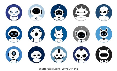 Cute robots avatars set. Chat bot heads with different expressions on face, happy and sad android, winking AI character with ears and antenna, smart assistants collection cartoon vector illustration