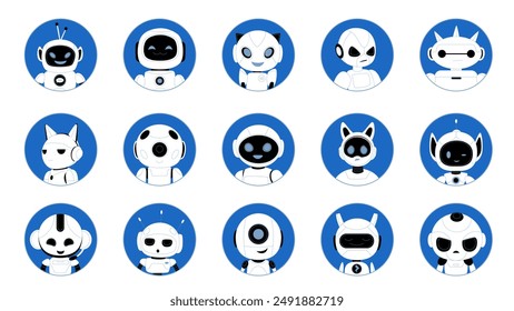 Lindos robots avatares establecidos. Diferentes cabezas de bot de chat en círculo sobre fondo azul, personajes androides sonrientes con antenas y caras amigables, asistentes inteligentes colección Ilustración vectorial de dibujos animados