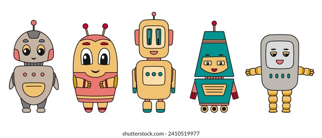 Personajes de Cute Robots. Bots de charla, mascotas de bots de IA, ciborgs digitales, servicio de tecnología futurista. Elementos cómicos de moda estilo retro de caricatura. Ilustración del vector