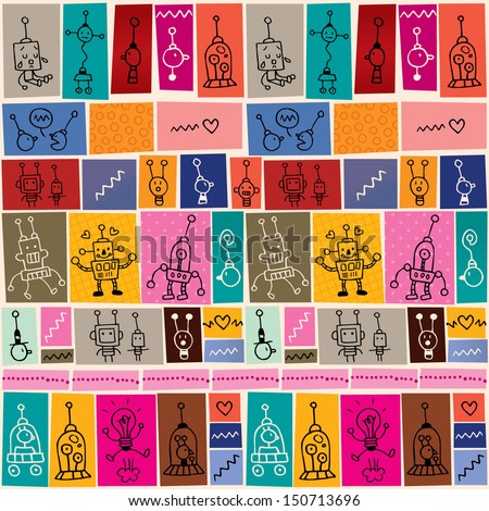 cute robots collage cartoon doodle pattern