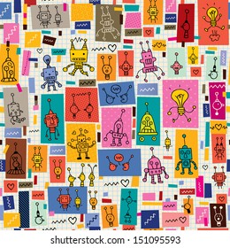 cute robots collage cartoon retro doodle pattern