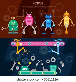 Cute robots conveyor belt assembling robots on factory collection vector 