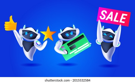 cute robots with credit card modern robotic characters team artificial intelligence technology shopping concept