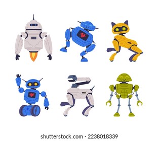 Cute robots cyborg and animal characters set. Artificial intelligence technology cartoon vector illustration