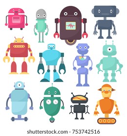 Cute robots, cyborg machine vector science characters. Cyborg and robot character friendly, robotic mascot illustration